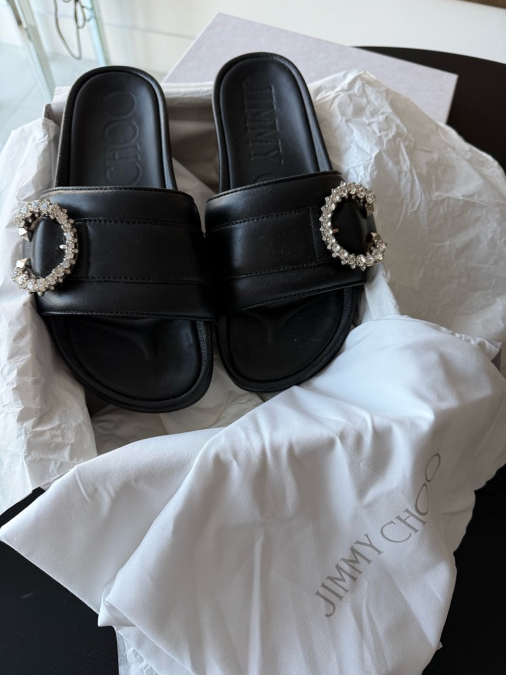 Jimmy Choo Black Leather Crystal Buckle Slide Sandals - Picture 2 of 6